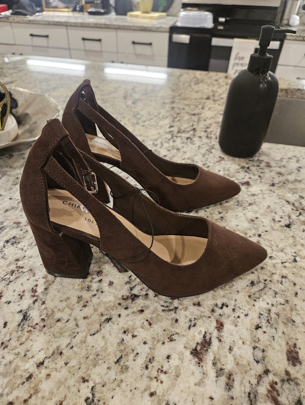 CHINESE LAUNDRY Brown Suede Pointed Toe Ankle-Strap Block Heels